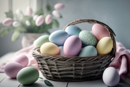 Colorful Easter eggs in a basket on a white wooden table.の素材