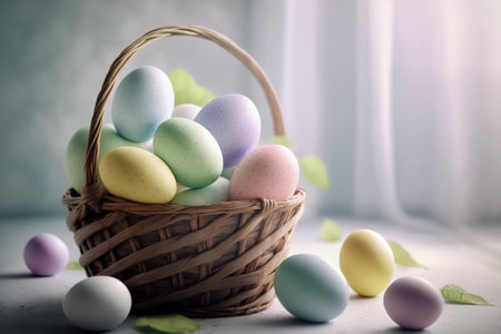 Colorful easter eggs in a basket on a light background.の素材