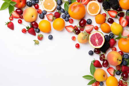 Fresh fruits and berries on white background, top view. Space for textの素材