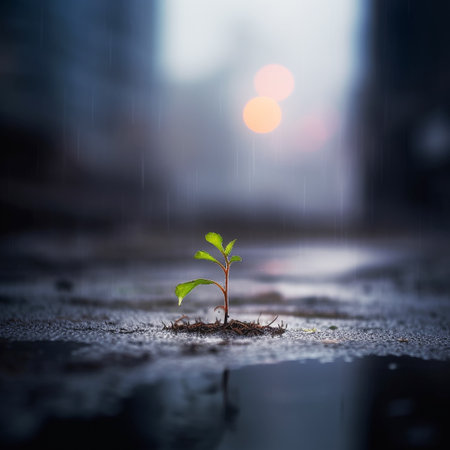 Small green plant growing on wet asphalt with raindrops and blurred backgroundの素材