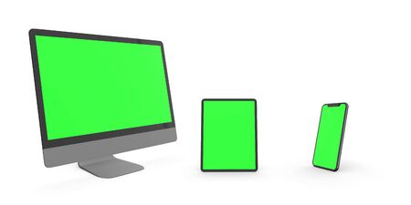 3d render green set with monitor, tablet and phoneの写真素材