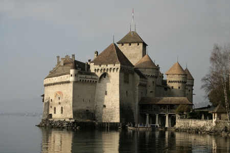 Chateau De Chillon Castle, Veytaux Montreux, Switzerland, Lake Genevaのeditorial素材