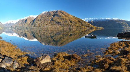 Panoramic view of norwegian fjord and rocks.の写真素材