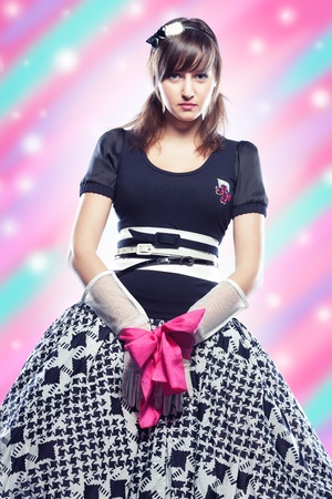 Girl in cosplay suit on colorful backgroundの写真素材