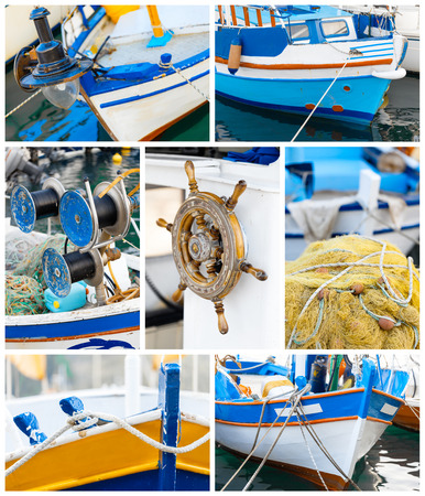 Collage of details of wooden fishing vesselsの写真素材