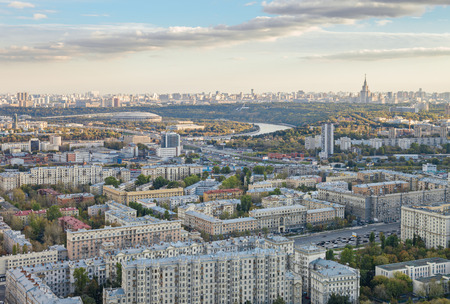 Aerial view of Moscow city with the Lomonosov State University of Moscow and the Luzhniki Stadium, Kutuzovsky Avenue on foregroundの写真素材