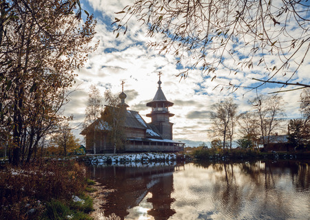 Landscape with orthodox church near lake; Blagoveshcheniye village, Church of the Annunciationの写真素材