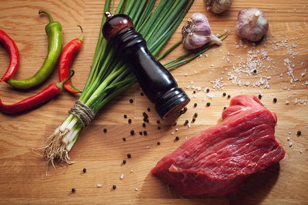 Still life with piece of fresh beef, pepper mill, chili, garlic and green onionの写真素材