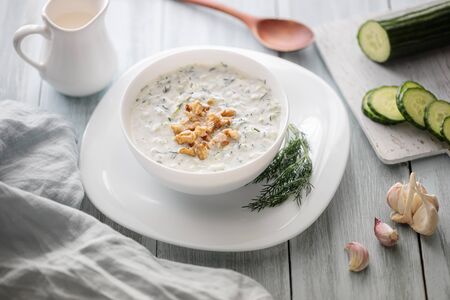 Tarator, bulgarian sour milk soup, and ingredientsの写真素材