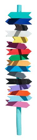 Colorful wooden direction arrows, signpost isolated on white background