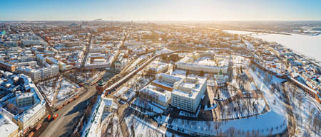 Aerial panoramic view of Nizhny Novgorod, Russia, on winter sunny day