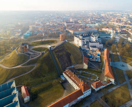 Aerial view of the Gediminas Hill, the Gediminas Castle Tower and Vilnius old town, Lithuaniaのeditorial素材