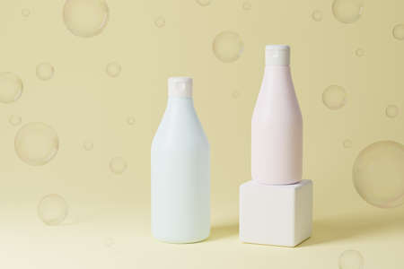 3D rendered mockup composition of two cosmetic bottlesの写真素材