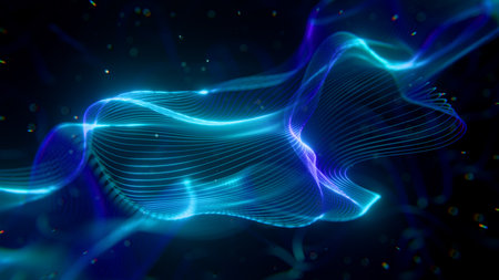 Glowing blue and cyan wave made of lines flows in a dark space, symbolizing an AI network. Looping...