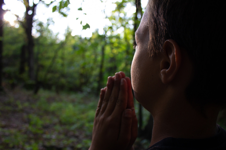 boy worship God in the forestの写真素材