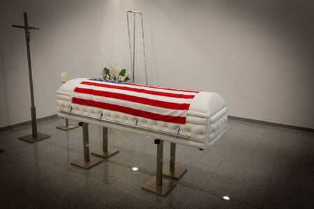 USA Funeral home with new modern like retro Chesterfield, American Flag.の写真素材