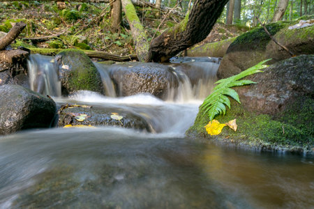 landscape with a small, wild and rapid river flow between the rocks, long-term exposure, flooded...
