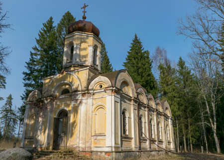 Galgauskas St. John the Baptist Orthodox Church among undergrowth trees and shrubs. Above the tops of the trees you can see the bell tower, Gulbene region, Latviaの写真素材