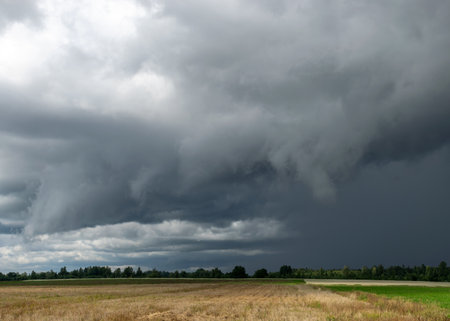 rural landscape with storm clouds, contrasting colors in nature before rain, autumn approaching timeの写真素材