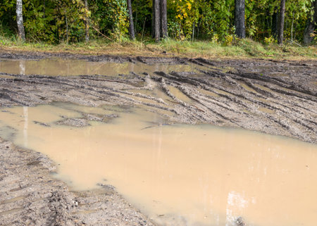 landscape with muddy and sticky forest road, dirty field road, autumn timeの写真素材