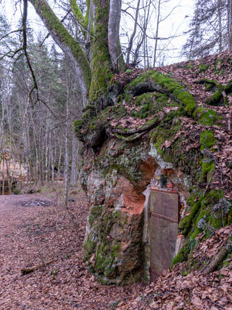 old wooden door fragments in sandstone wall cover cellars dug in sandstone rockの写真素材