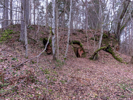 old wooden door fragments in sandstone wall cover cellars dug in sandstone rockの写真素材