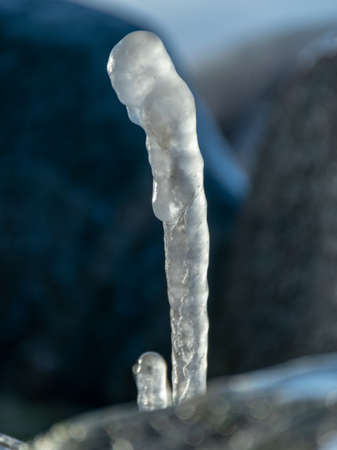 the sea and the wind have formed abstract formations of frozen dry reed, icicles fragments on a blurred backgroundの写真素材