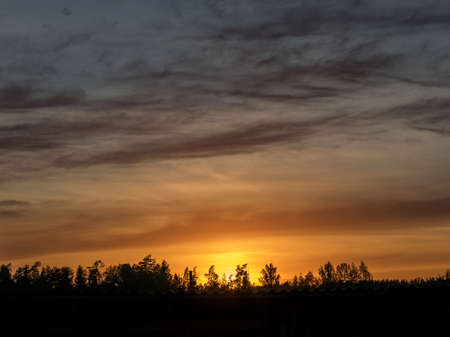 summer landscape with colorful sunset sky over the roofの写真素材