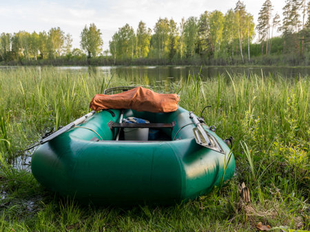 summer landscape with a green rubber boat on the lake shore, fishing tackleの写真素材