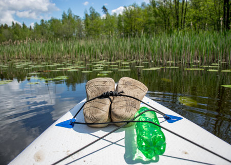 beautiful view from the paddle board to the summery green river bankの写真素材