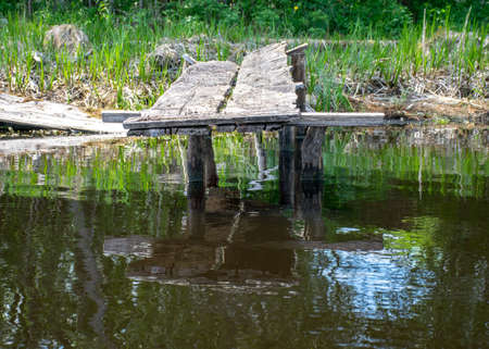 summer landscape with an old wooden footbridge in a small forest lakeの写真素材