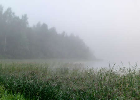 fog landscape, lake in the morning mist, blurred fog background, autumn timeの写真素材