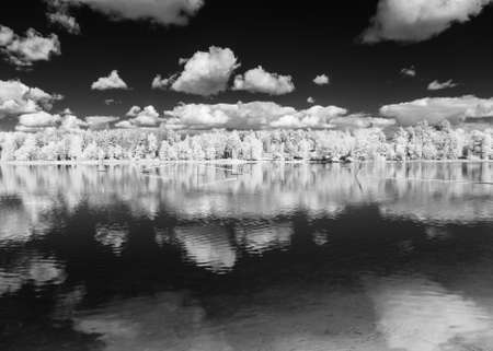 infrared surreal landscape, lake with sky reflections, infrared photo snowy tree amazing nature lake reflectionの写真素材