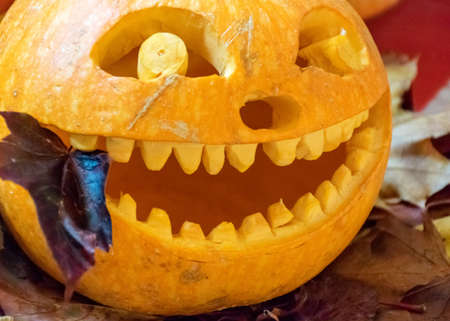 orange halloween pumpkin with carved traditional face, halloween decor, autumnの写真素材