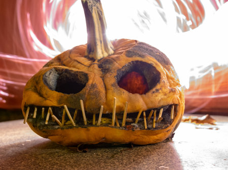 terrible a burning carved pumpkin with a scary face and colorful light drawings in a dark background, suitable for Halloweenの写真素材