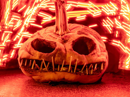 terrible a burning carved pumpkin with a scary face and colorful light drawings in a dark background, suitable for Halloweenの写真素材