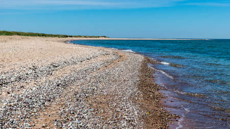 traditional sunny summer landscape with sandy and pebbly promontory, blue sea and sky, Harilaid Nature Reserve, Estonia, Baltic Seaの写真素材