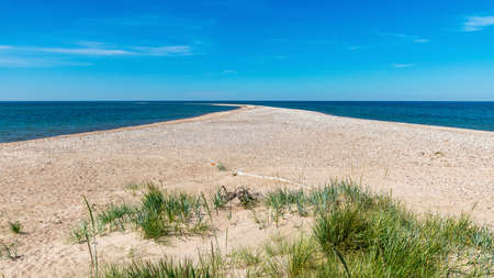 traditional sunny summer landscape with sandy and pebbly promontory, blue sea and sky, Harilaid Nature Reserve, Estonia, Baltic Seaの写真素材
