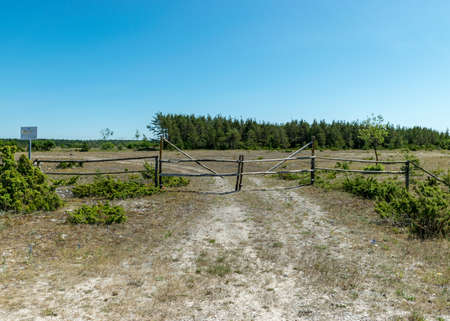 traditional summer landscape with a natural wooden fence on a rocky sea shore, Saaremaa Island, Estoniaの写真素材