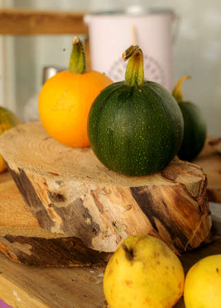composition of small pumpkins and apples, wooden disc base, Halloween time, autumnの写真素材