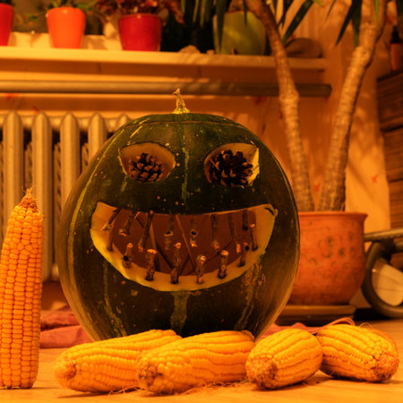 green carved pumpkin figure, halloween, foreground corn cobs, green halloween jack o lanterns, halloween, autumnの写真素材