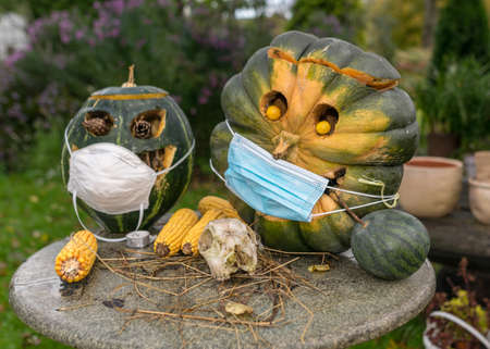 carved decorative pumpkins with face mask in the garden, coronavirus (covid-19) time, halloween, autumn timeの写真素材