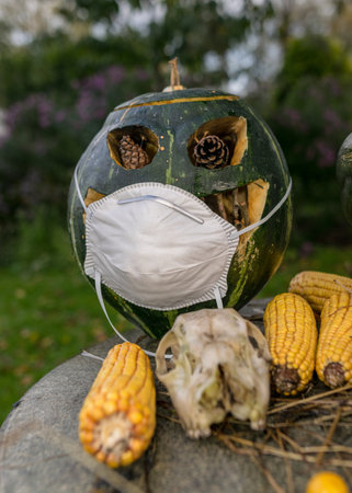 carved decorative pumpkin with face mask, coronavirus (covid-19) time, halloween, autumn timeの写真素材