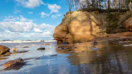 Sea view of the storm in the sea, tree silhouettes on the shore, waves, wind and autumn storm, stormy sea and beach panorama with coastal dunes, Veczemju cliffs, Salacgriva rural area, Latviaの写真素材