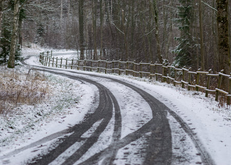 winter landscape with snowy road, snow-covered wooden fence, trees and shrubs by the road, winter dayの写真素材