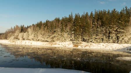 winter day by the river, snow covered trees and grass by the river, reflections in the water, beautiful winter landscape, river Gauja, Latviaの写真素材