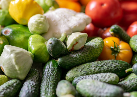 color photo with autumn vegetables on the table, different colors, shapes and types of vegetables prepared for home canning, vegetable fragments, autumn harvest timeの写真素材