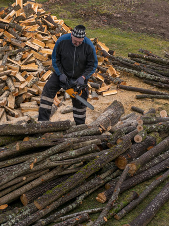 picture of a man who saws firewood, wood logs and logs in the foregroundの写真素材