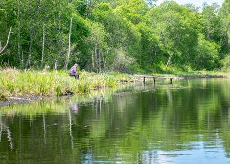 summer landscape with a fisherman 's silhouette on the lake shoreの写真素材