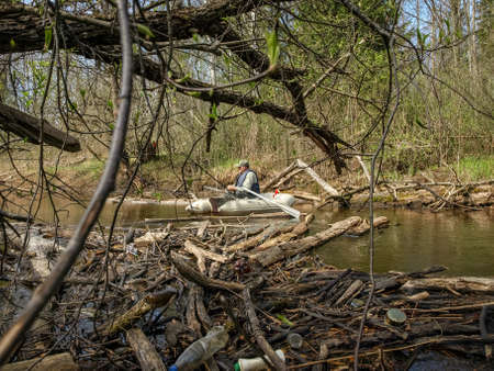 landscape with a small wild river bank, fallen tree trunks crossing the river, first spring greenery, view from a fishing boat, Sedas river, Latviaの写真素材